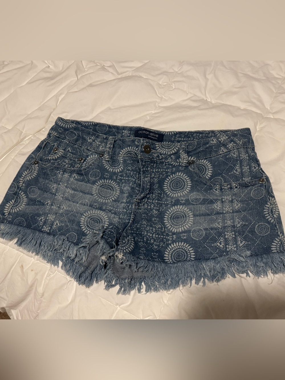 Ocean Drive Blue Sunburst Print Denim Shorts with Frayed Hem